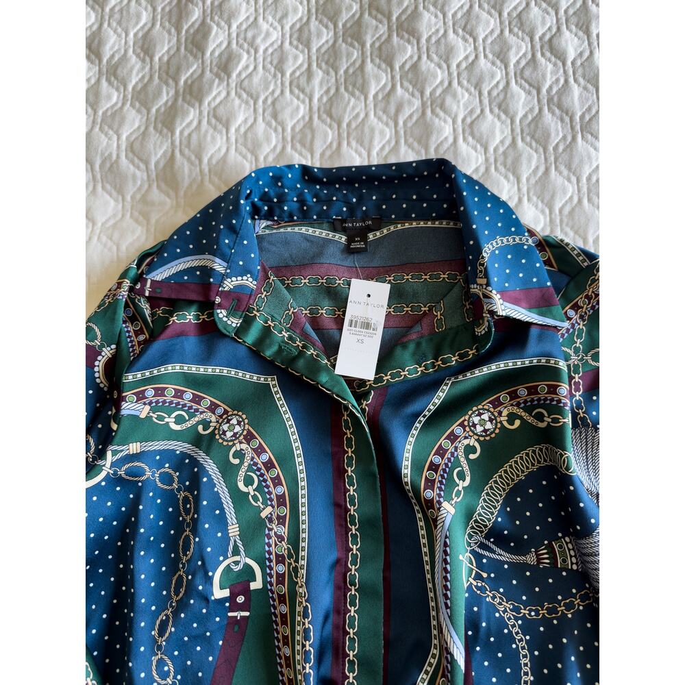 Ann Taylor NWT Shirt (XS) Full Pleated Skirt (0) Set Navy/Green Chain Print - Picture 2 of 12